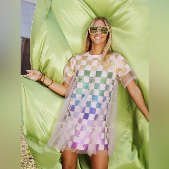 QUEEN OF SPARKLES Dresses Queen Of Sparkles Rainbow Checkered Mesh